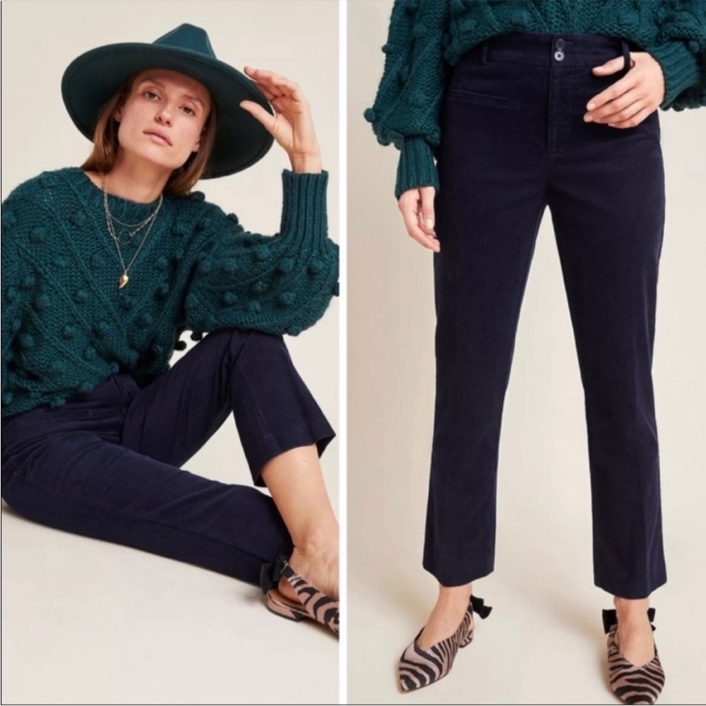 Anthropologie The Essential Collection Corduroy Cropped Flare Trousers Navy Blue